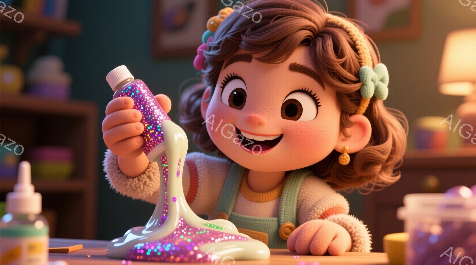 明るい茶色の巻き毛に、ピンクと黄色のリボンを付けた少女が、紫色のグリッターの入った接着剤で紫色の靴を飾り付けています。彼女は笑顔で、少し上目遣いをしており、楽しそうな表情をしています。背景には、様々な色のクラフト用品が並び、全体的に暖かく、創造的な雰囲気が漂っています。