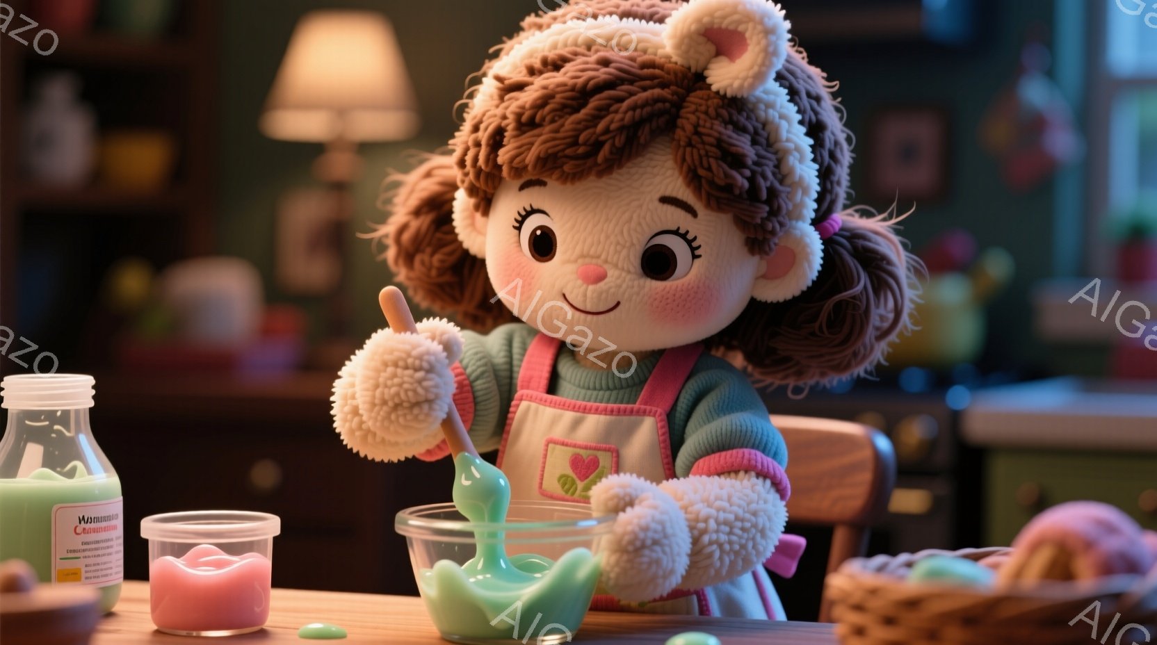 ふわふわの茶色の巻き毛に、ピンクのヘッドバンドをつけた少女が、緑色のスライムを混ぜています。水色のセーターとハートの模様が入ったエプロンを着ており、微笑みを浮かべて楽しそうにしています。背景には、ピンク色のスライムの容器や椅子が見え、暖かく穏やかな家庭的な雰囲気です。