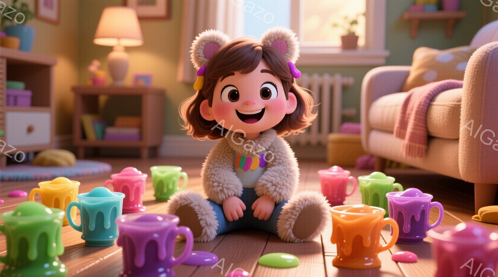 幼い女の子が床に座り、たくさんのカラフルなカップとこぼれた液体に囲まれています。彼女は茶色のカールした髪に、耳のようなアクセサリーをつけており、嬉しそうな笑顔を浮かべています。背景には、本棚やソファのあるリビングルームが描かれ、暖かく、遊び心のある雰囲気が漂っています。