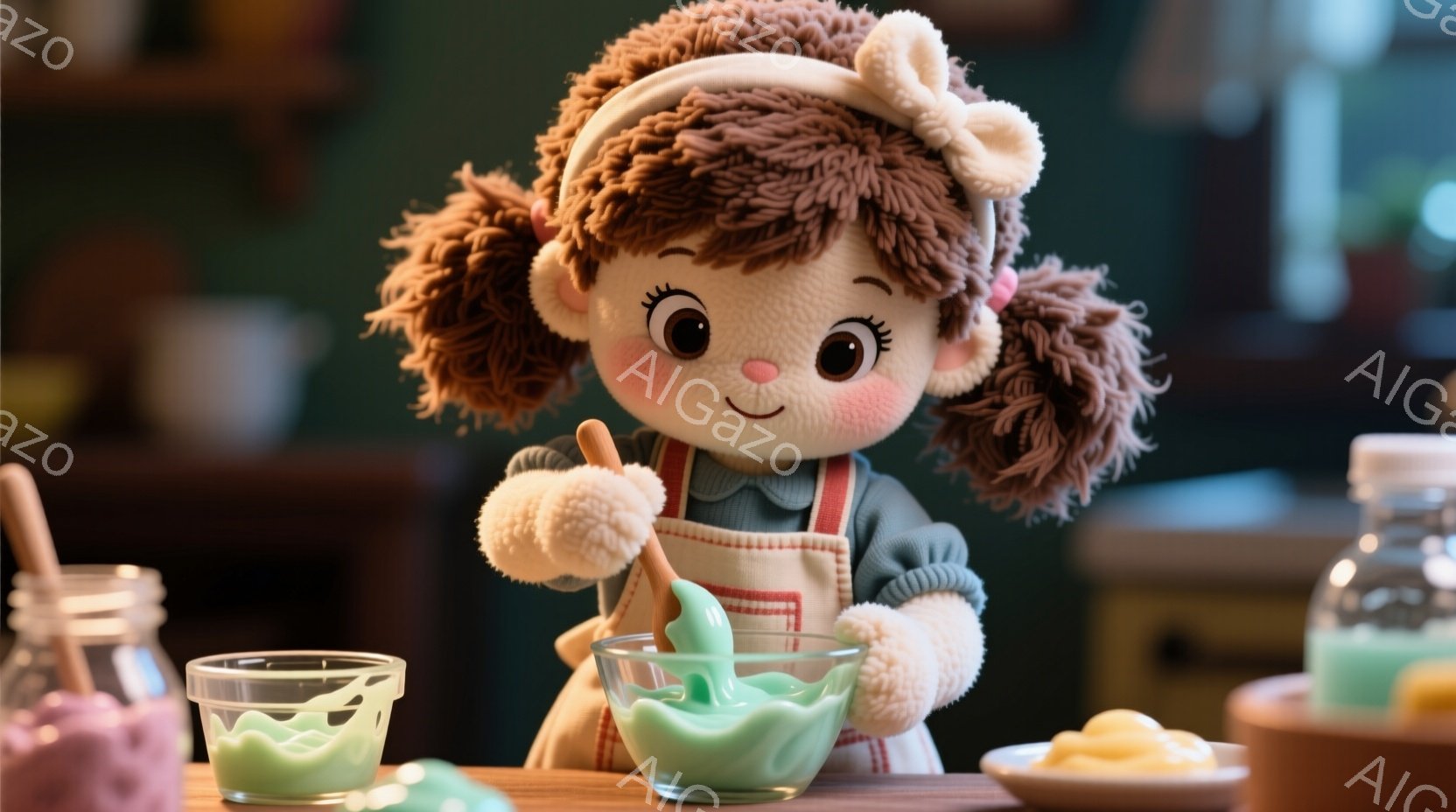 明るい緑色の液体が入ったガラスのボウルを、茶色の巻き毛の少女が木のスプーンで混ぜています。彼女はエプロンとセーターを着ており、顔には幸せそうな笑顔が見られます。背景には、ガラスの瓶や黄色い食べ物、そし - AI生成フリー素材