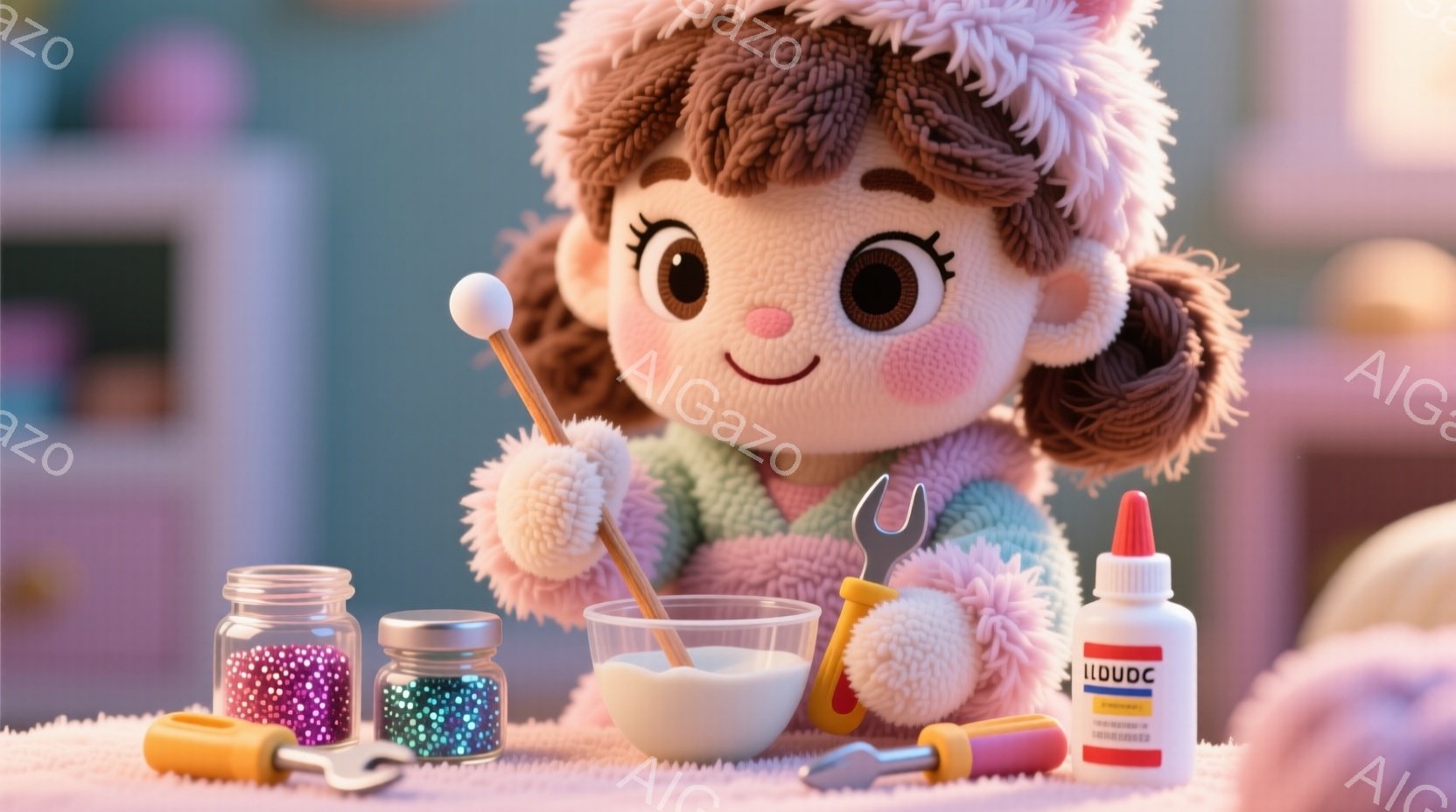 ふわふわした毛糸で作られた女の子の人形が、クリーム色の液体が入ったボウルと様々な工作道具に囲まれて座っています。彼女はピンク色のセーターと水色の袖、そしてふわふわの茶色の髪に大きなリボンをつけており、笑顔で何かを作ろうとしている様子です。背景には、カラフルなビーズや工具が並び、柔らかく遊び心のある雰囲気が漂っています。