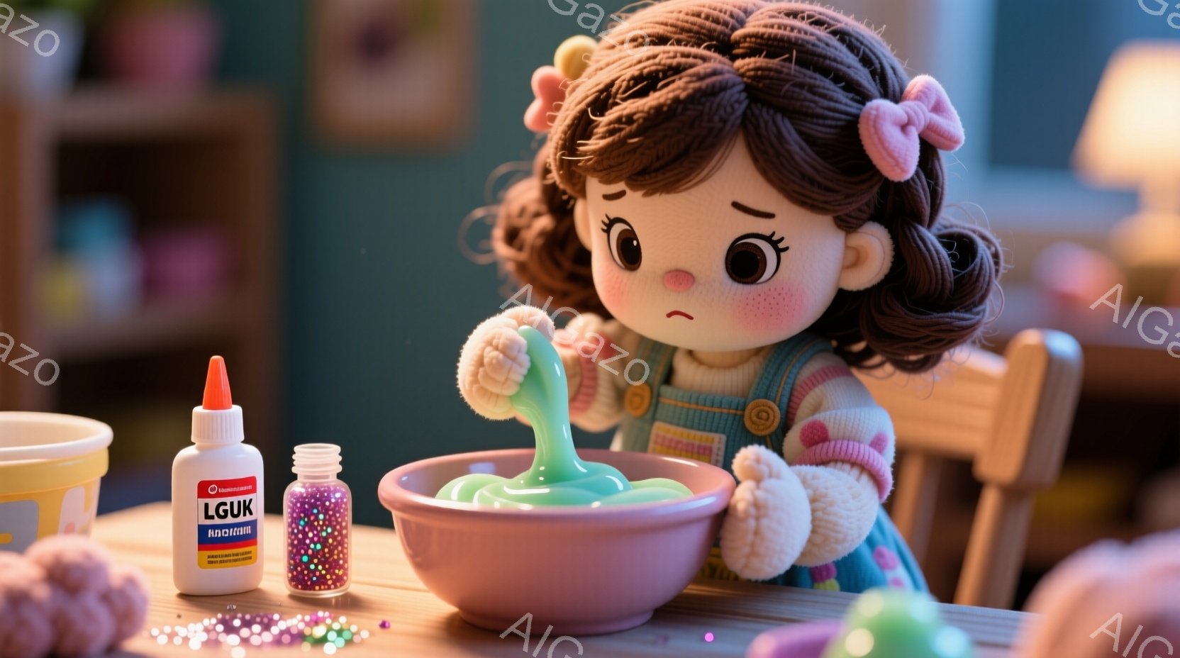 明るい茶色の巻き毛にピンクのリボンをつけた少女が、紫色のボウルの中で緑色の液体を混ぜています。彼女はピンク色の水玉模様のワンピースと、フリルのついた袖のカーディガンを着ており、少し眉間にしわを寄せた表情をしています。背景には、カラフルなビーズや接着剤のボトルが見え、暖かく遊び心のある雰囲気が漂っています。