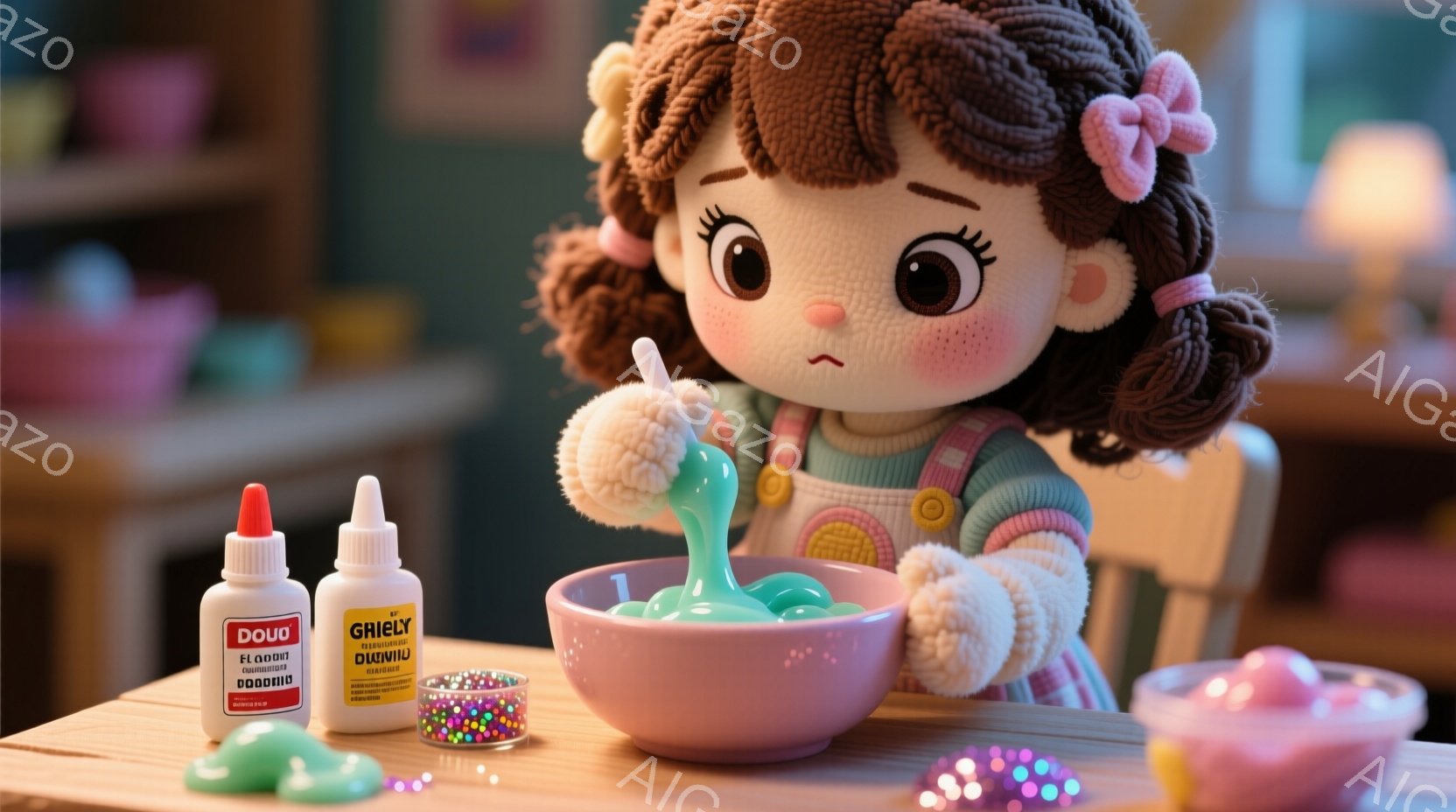 明るい茶色の巻き毛の女の子のおもちゃが、ピンク色のポンポンがついた水色のニットベストを着ています。彼女は大きな目で微笑んでおり、テーブルの上に置かれたスライムとビーズ、接着剤のボトルを見つめています。背景はぼやけており、ピンクと紫のオブジェクトが見え、全体的に明るく、遊び心のある雰囲気です。