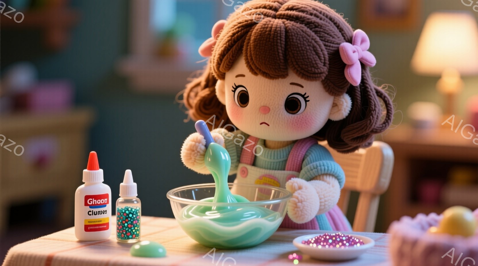 ふわふわの茶色の髪と大きな目を持つ女の子が、緑色のボウルの中で何かを混ぜています。彼女はピンクと緑のストライプのシャツと、オーバーオールの様な服を着ており、少し困ったような表情をしています。背景には、様々な色とりどりのビーズや、グルーの瓶が置かれ、子供部屋の一角のような温かく明るい雰囲気が漂っています。