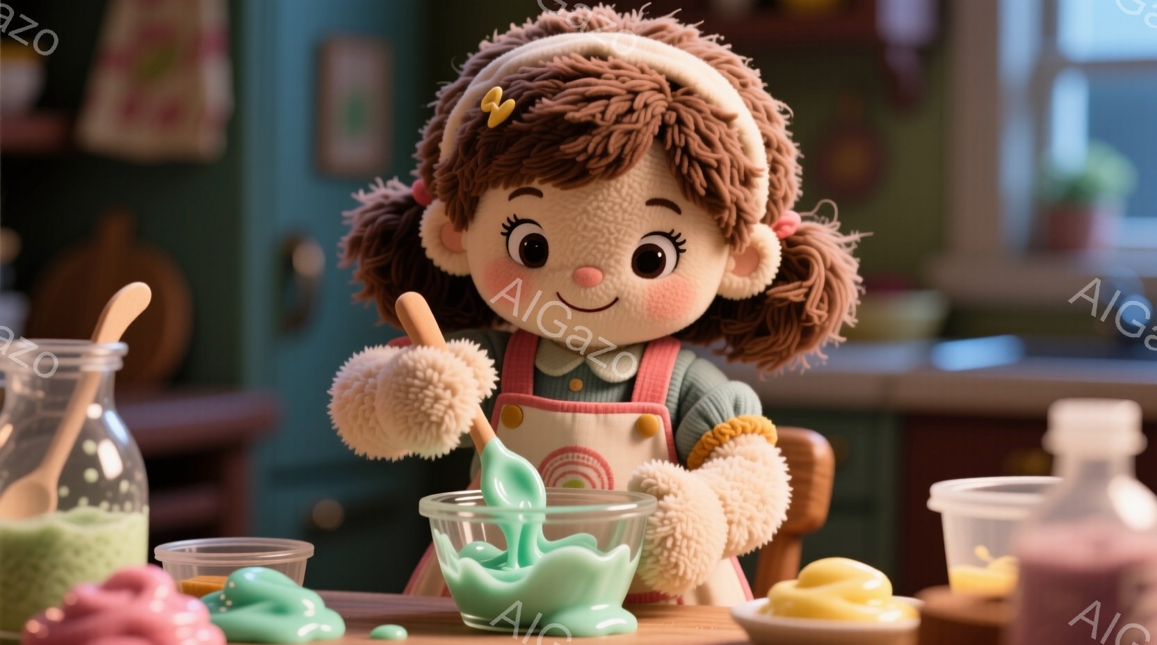 柔らかい巻き毛の茶髪に、ピンクのリボンをつけた少女が、エプロンをつけてミキシングボウルで何かを混ぜています。彼女は笑顔で、ミキサーの泡立て器を操作する様子が可愛らしいです。背景には様々な色の液体や材料、そして少しぼやけた室内の様子が見え、温かく親しみやすい雰囲気が漂っています。