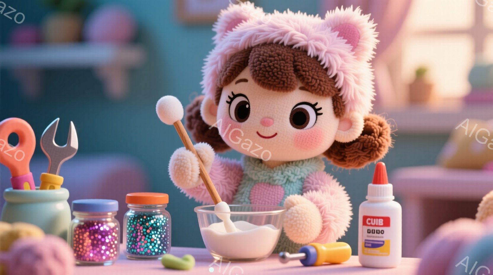 ふわふわのピンク色の毛並みを持つ人形が、青緑色のセーターを着て、頭には茶色の巻き毛の帽子をかぶっています。人形は白いボウルの中で何かを混ぜているようで、片手には綿棒のようなものを持っています。背景にはカラフルなグリッターが入った瓶や、工具、接着剤などが見え、全体的に遊び心あふれる雰囲気です。