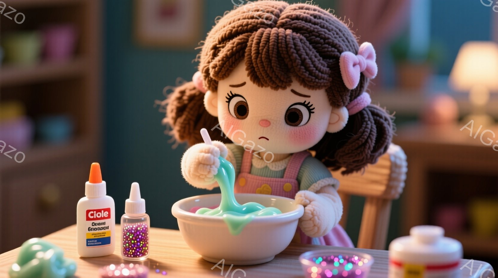 明るいピンクの背景に、巻き毛の茶髪に赤いリボンをつけた人形が描かれている。人形はピンク色のワンピースを着ており、大きな目で少し驚いた表情をしている。テーブルの上には緑色の液体が入ったボウルと、ビーズや - AI生成フリー素材