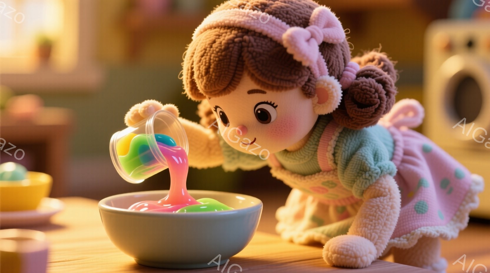 明るいピンク色の服を着た、巻き毛の女の子が、虹色のゼリーのようなものを茶色のボウルに注いでいる。彼女は笑顔で、少し体をかがめて、集中してゼリーを注いでいる様子だ。背景には他のカラフルなボウルや、洗濯機らしきものがぼやけて見え、全体的に温かく、遊び心のある雰囲気である。