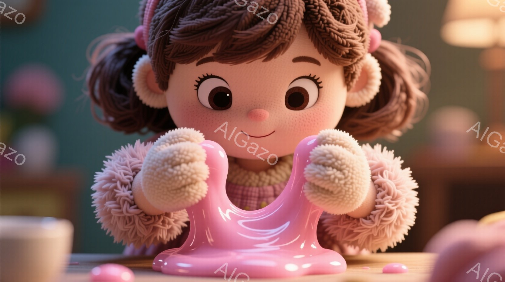 茶色のカールした髪にポンポンが付いたニット帽を被った幼い女の子が写っています。彼女はピンク色の粘土のようなものを両手で持って遊んでおり、楽しそうな笑顔を浮かべています。背景はぼやけており、暖色系の照明と家具が見え、全体的に温かく可愛らしい雰囲気です。