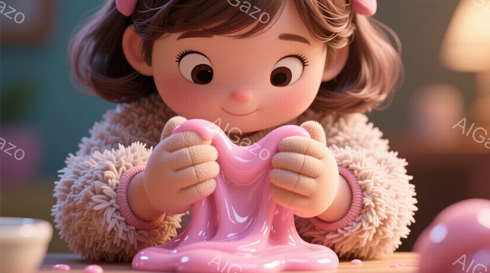 明るい茶色の巻き毛にピンクのリボンをつけた幼い女の子が、ピンク色のスライムを両手で遊んでいます。ふわふわしたクリーム色のセーターを着ており、頬にはうっすらと赤みが差し、楽しそうに微笑んでいます。背景は - AI生成フリー素材