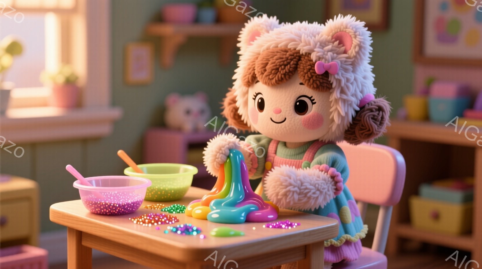 ふわふわの帽子をかぶった少女が、カラフルなビーズとスライムで遊んでいます。ピンクのセーターと、フリルがついた服を着ており、微笑んだ表情で楽しそうにスライムを伸ばしています。背景にはおもちゃの入った箱や、植物が飾られた棚があり、温かく穏やかな雰囲気です。