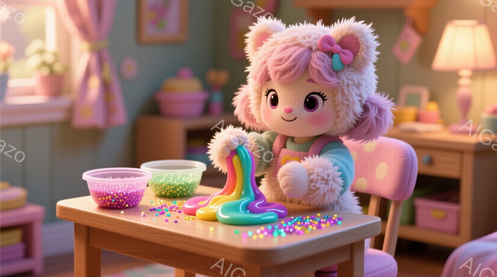 ふわふわのピンク色の毛並みを持つ、可愛らしいぬいぐるみのおもちゃが描かれています。緑色のセーターと、ピンク色のリボンとふわふわの耳が特徴で、虹色のスライムを手に持っています。背景には木製のテーブルと椅子、そしてカラフルなビーズが置かれた部屋があり、全体的に暖かく、遊び心あふれる雰囲気です。