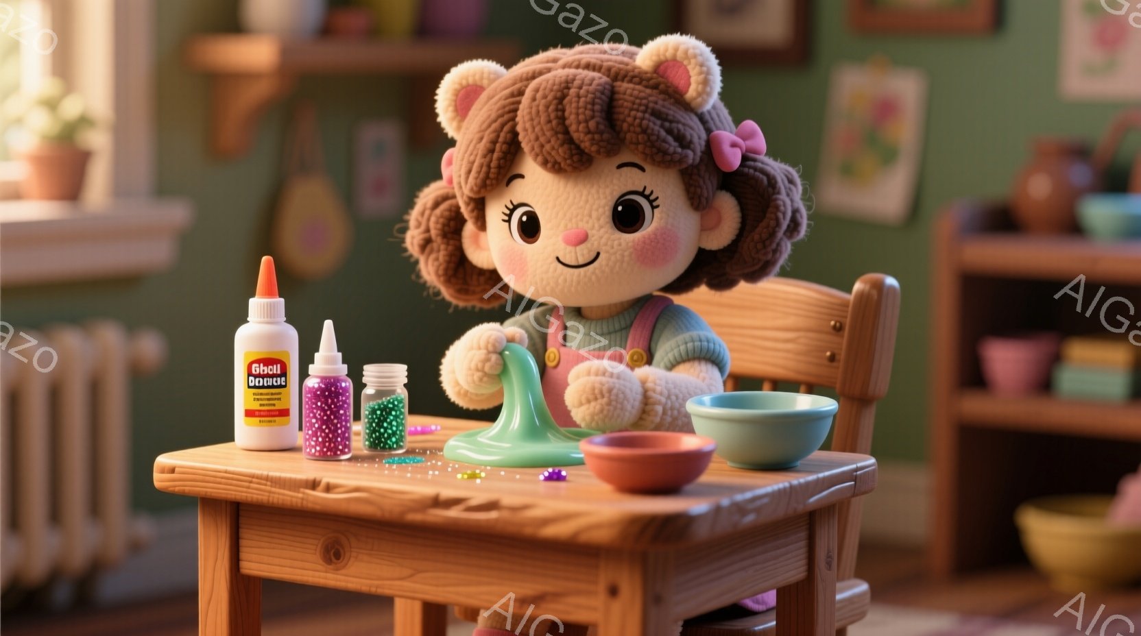 明るい茶色の巻き毛にピンクのリボンをつけた少女の人形が、小さな木製のテーブルに座ってビーズ細工をしている。彼女はピンク色のオーバーオールを着ており、集中した表情でビーズを糸に通している。背景には、カラフルな玩具や絵画が置かれた棚があり、全体的に温かく、創造的な遊びの雰囲気が漂っている。