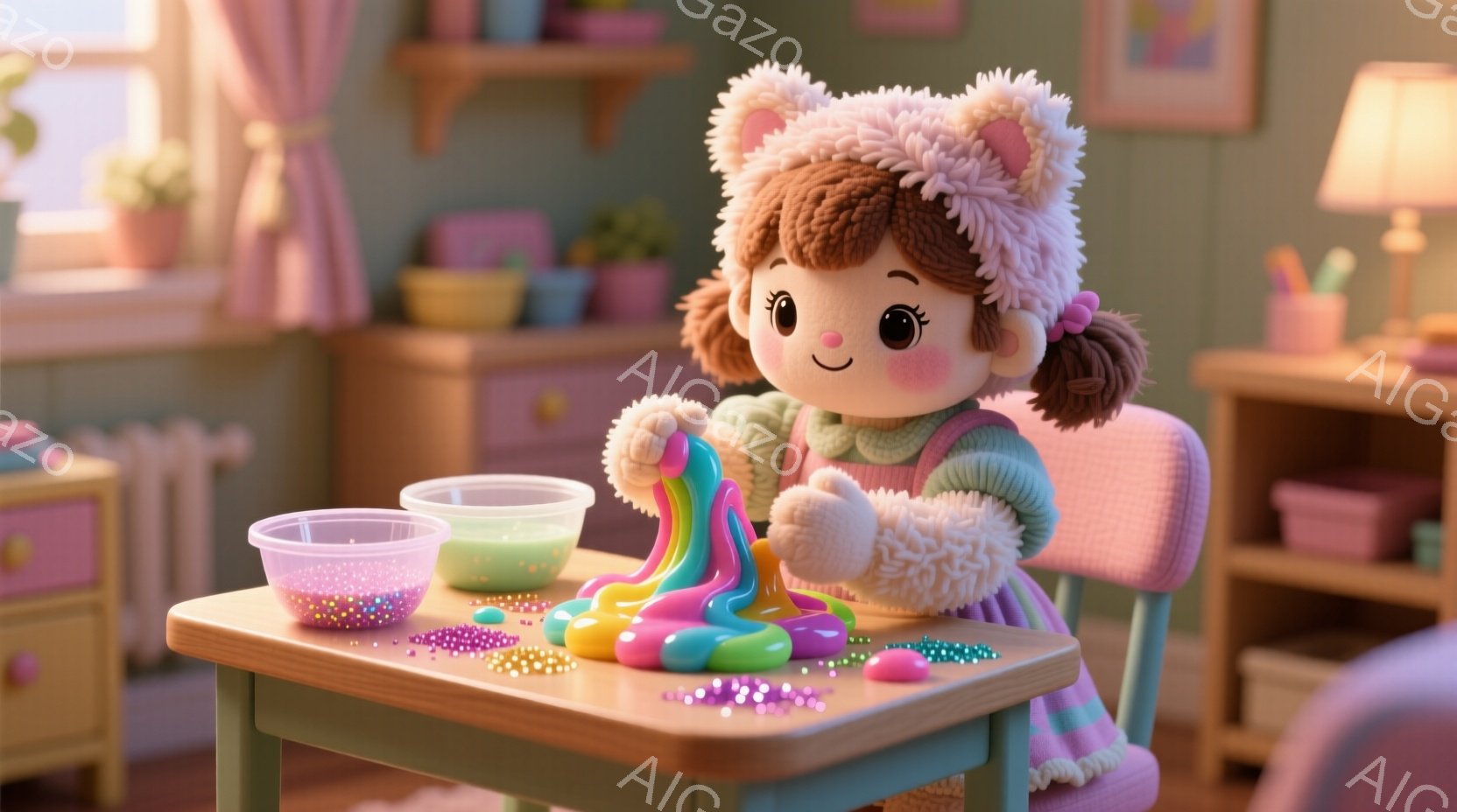 明るい色の部屋で、巻き毛の茶色の髪に猫耳帽子をかぶった女の子が、カラフルなスライムで遊んでいます。彼女はピンク色のセーターを着ており、椅子に座ってスライムを伸ばしています。背景には、花が飾られた棚や優しい色合いの家具があり、全体的に温かく、遊び心に満ちた雰囲気です。