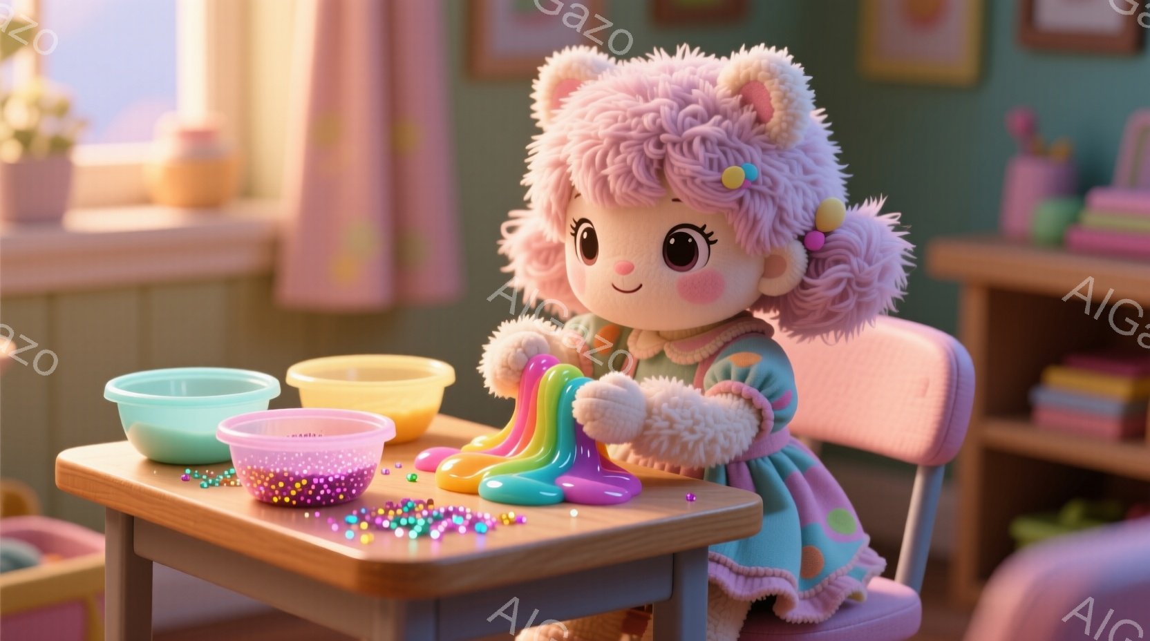 明るいピンク色の椅子に座った、ふわふわの髪と猫耳を持つ少女が描かれています。彼女はターコイズブルーのトップスとふわふわの白いショールを着ており、虹色のスライムを両手で楽しんでいます。背景には、カラフルな小道具や本棚が配置されており、温かく遊び心のある雰囲気を醸し出しています。