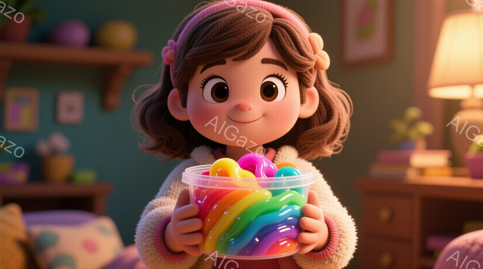 明るい茶色の巻き毛にピンク色のヘアバンドをつけた若い女の子が、虹色のスライムが入った透明な容器を両手で抱えています。彼女は大きな茶色の目で微笑み、暖かく親愛なる表情をしています。背景には、本棚や植物、そしてパステルカラーで装飾された居心地の良い部屋があり、全体的に温かく幸せな雰囲気が漂っています。