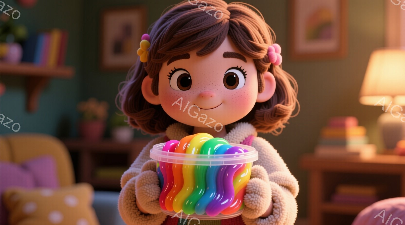 明るい茶色の巻き毛に黄色いリボンをつけた少女が、虹色の粘土が入った透明な容器を両手で抱えています。彼女はクリーム色のふわふわしたセーターを着ており、ほほえみを浮かべ、楽しそうに見えます。背景には、本棚 - AI生成フリー素材