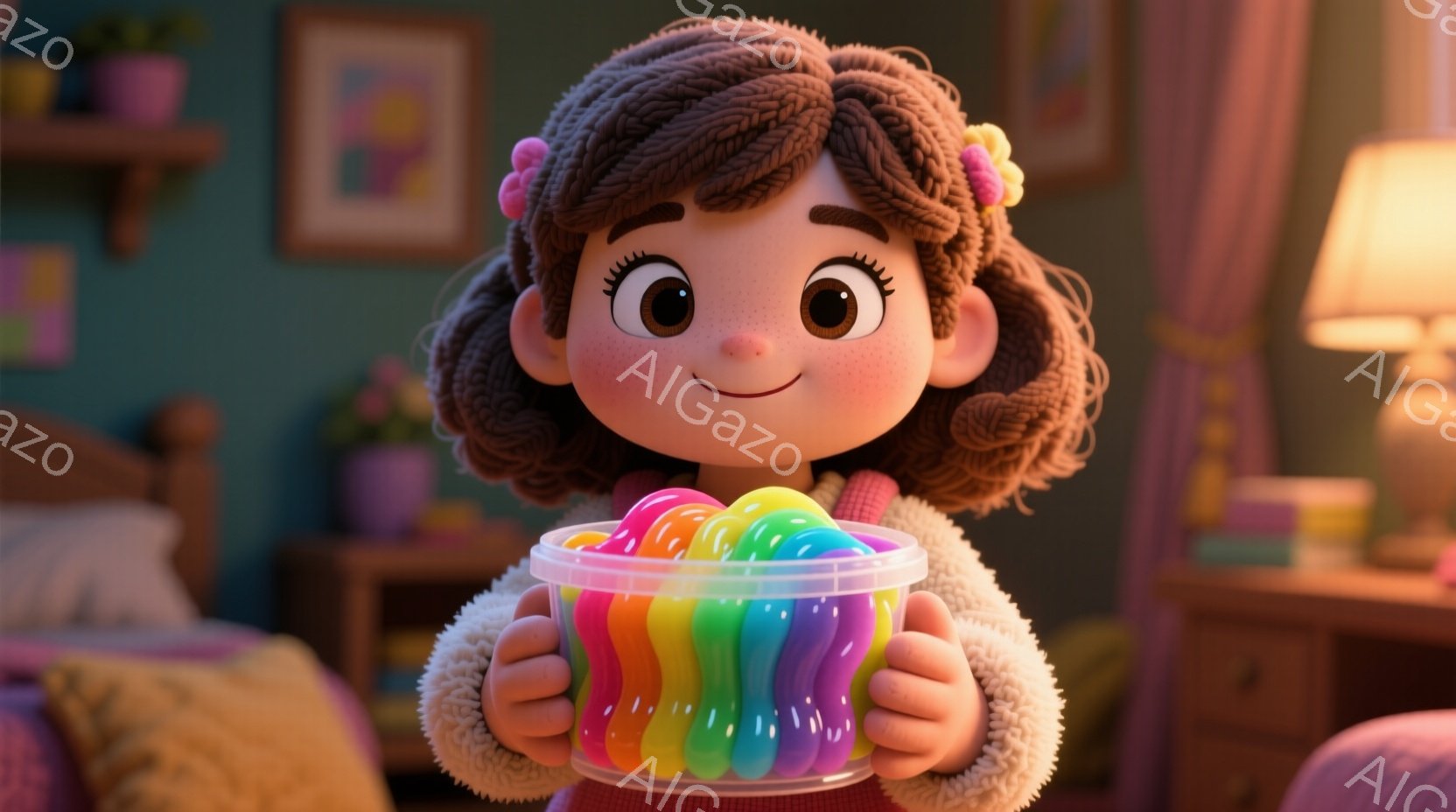 茶色の巻き毛にピンク色のリボンをつけた少女が、虹色のスライムが入った透明な容器を両手で抱えています。彼女は笑顔で、頬はほんのり赤らんでいます。背景には、本棚、ベッド、そして暖色系の照明があり、温かく居 - AI生成フリー素材