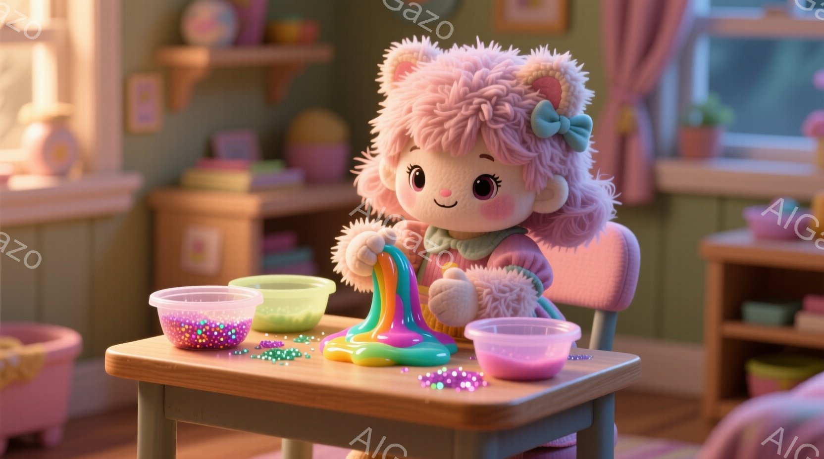 ふわふわのピンク色の髪をした、可愛らしいキャラクターが椅子に座って、虹色のスライムを遊んでいます。キャラクターは緑色のセーターとピンク色のドレスを着ており、優しい笑顔を浮かべています。背景には、おもちゃや本が並んだ子供部屋の様子が見え、温かく明るい雰囲気が漂っています。