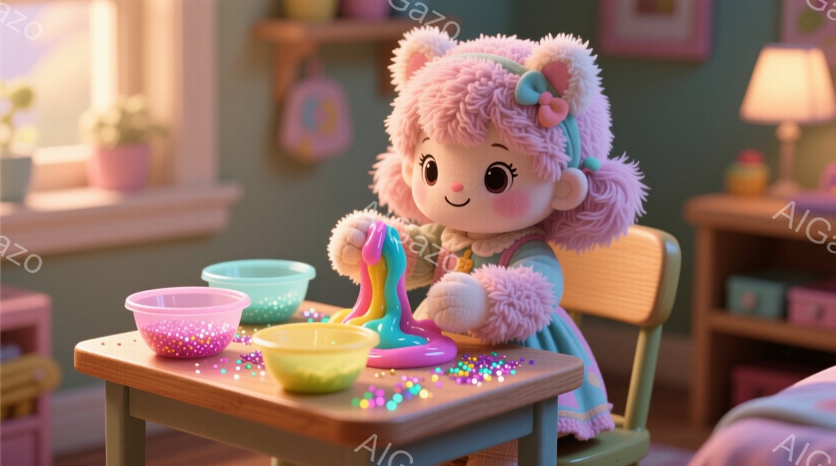 明るいピンク色の髪に、猫耳のような飾りをつけた少女が、カラフルな粘土を手に楽しそうに遊んでいます。ふっくらとした頬と大きな瞳が可愛らしく、淡いピンクのセーターと水色のスカートを着ています。背景には、お - AI生成フリー素材