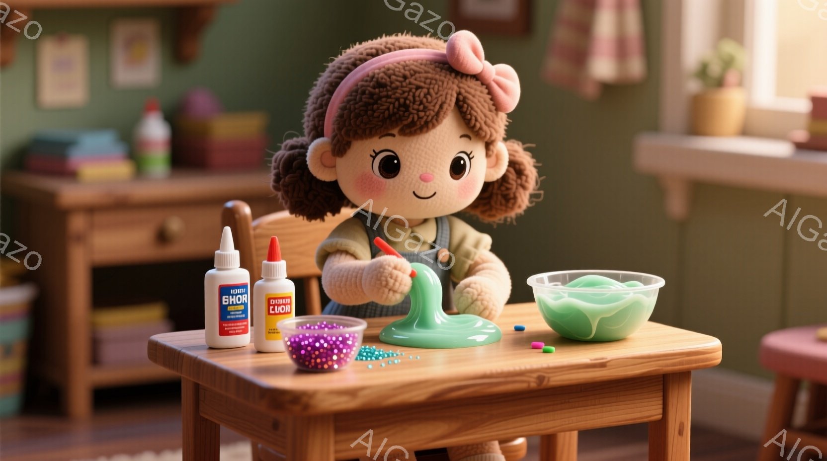 茶色の巻き毛にピンクのリボンをつけた女の子の人形が、小さな木製のテーブルで何かを作っています。彼女は青い服を着ており、緑色のスライムのようなものに何かを飾り付けようとしているようです。背景には、本棚や壁に飾られた絵がぼんやりと見え、暖かく穏やかな雰囲気です。