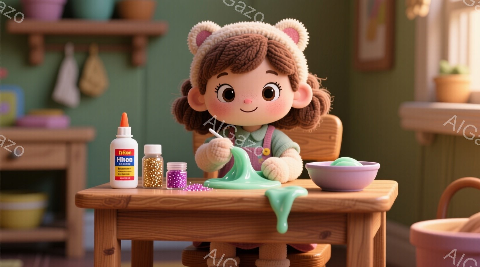 可愛らしい女の子が、小さな木製のテーブルでスライム作りを楽しんでいます。彼女は茶色の巻き毛にピンクの帽子をかぶり、大きな瞳で楽しそうにスライムを混ぜています。背景にはカラフルな家具や絵画が飾られており、暖かく遊び心のある雰囲気が漂っています。