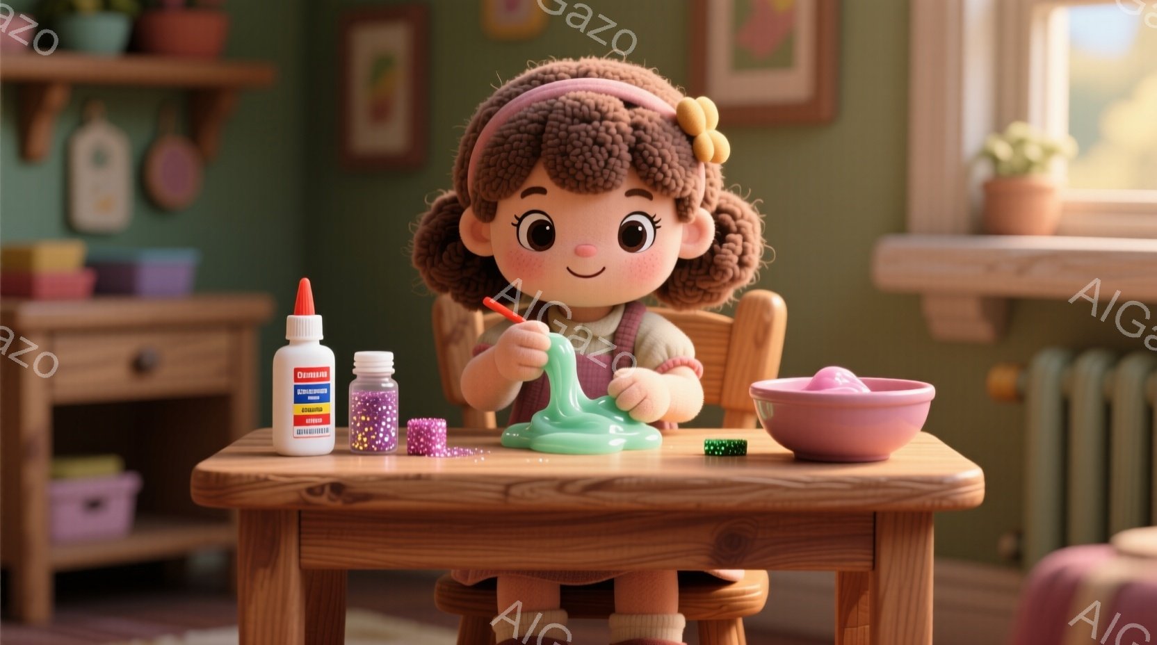 巻き毛の少女が、小さなテーブルでスライム遊びを楽しんでいます。彼女はピンクのワンピースにベージュ色のエプロンを着ており、顔には喜びの表情が浮かんでいます。背景には、カラフルな装飾が施された部屋や、植物、そして紫色のソファが見え、全体的に温かく、遊び心あふれる雰囲気が漂っています。