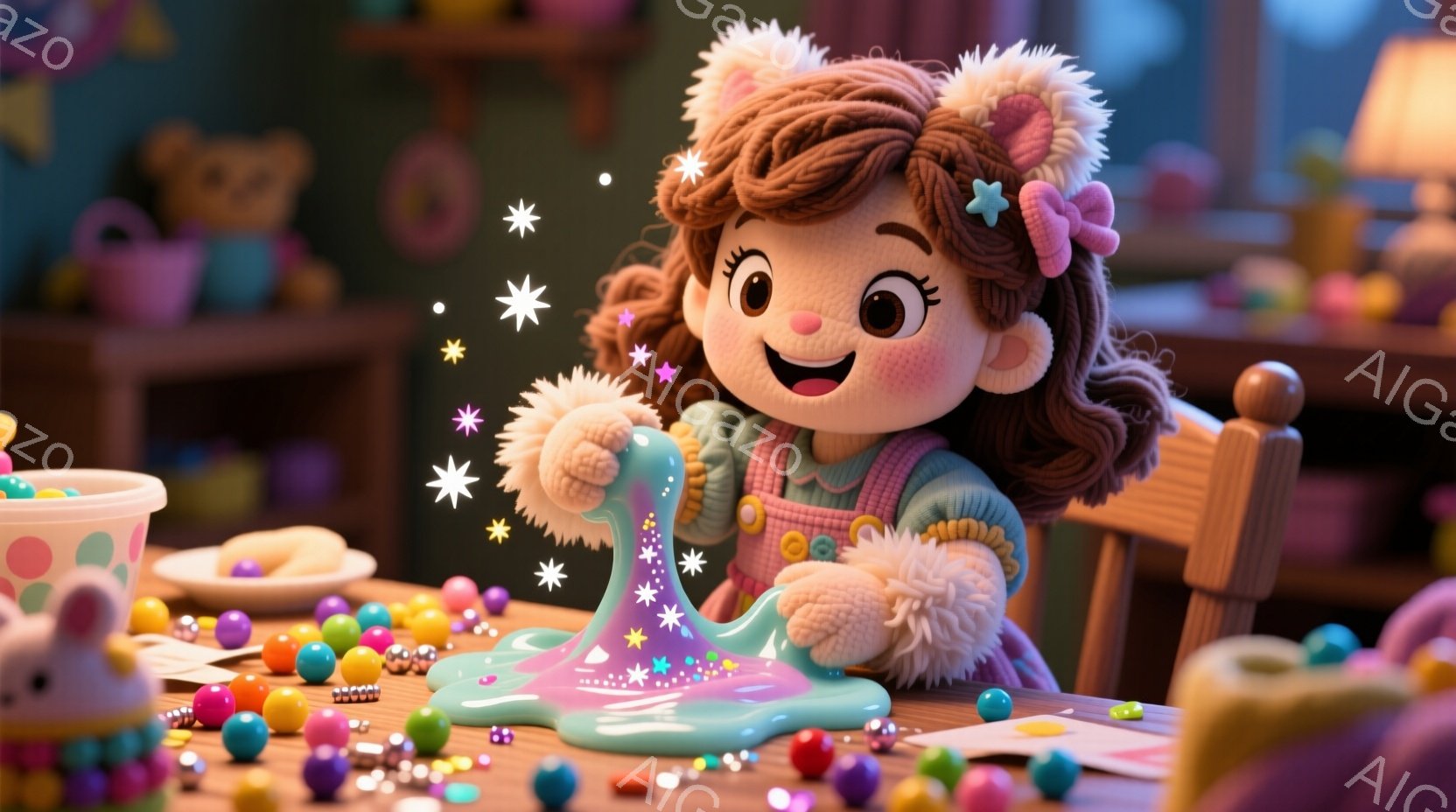 明るい茶色の巻き毛にピンクのリボンをつけた少女が、紫色のスライムを手に持っています。彼女はふわふわの襟付きのセーターとオーバーオールを着ており、満面の笑みを浮かべて楽しそうにスライムを見つめています。背景には、カラフルなビーズや子供のおもちゃが散らばったテーブルと、ぼんやりとした部屋の様子が見えます。