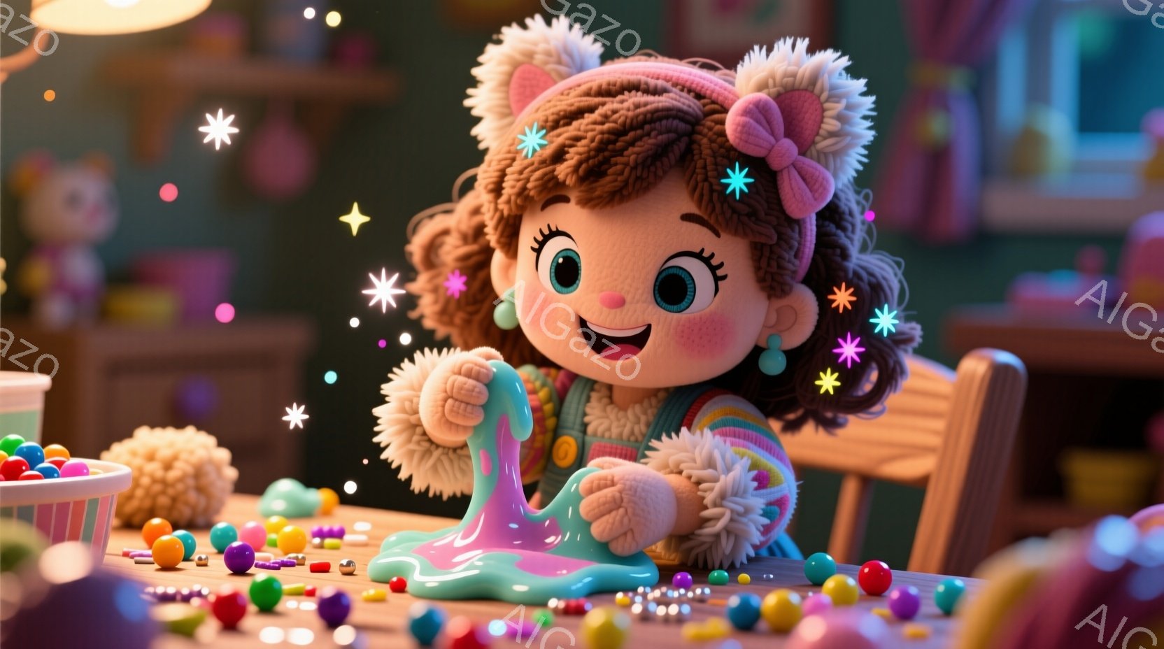 明るい茶色の巻き毛にピンクのボンボンがついた帽子をかぶった幼い女の子が、紫色のスライムを両手で遊んでいます。彼女は緑色のオーバーオールとピンクのセーターを着ており、頬は赤く、満面の笑みを浮かべています。背景にはカラフルなビーズや粘土、暖色の木製家具が見え、全体的に楽しく、遊び心のある雰囲気が漂っています。