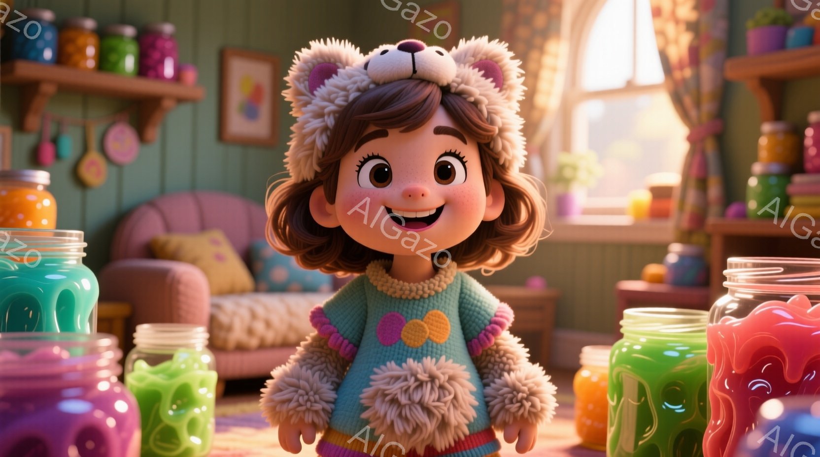 明るい茶色の巻き毛に、クマの帽子をかぶった幼い女の子が描かれています。彼女は、毛糸のようなオレンジと水色のセーターを着ており、満面の笑みを浮かべています。背景には、様々な色のゼリーが入った瓶が並び、温かみのあるリビングルームの様子がうかがえます。