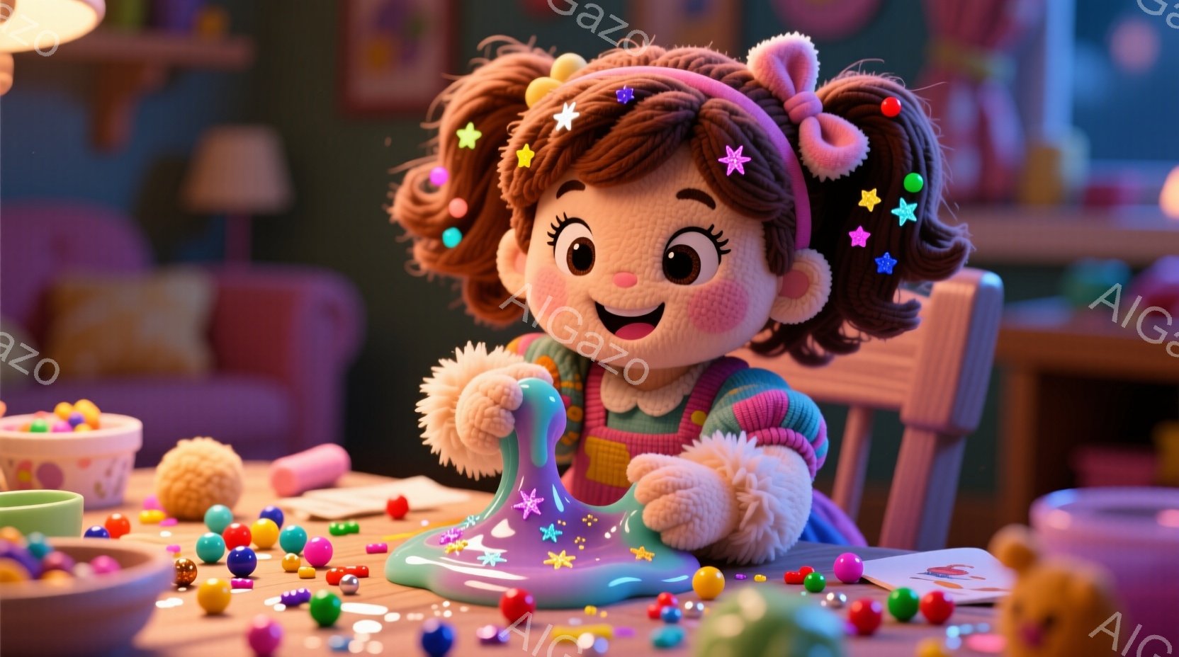 明るい茶色の巻き毛にピンクのリボンをつけた少女が、紫色のスライムを両手で持って遊んでいます。彼女はフリルのついた水色のセーターと、明るい色のスカートを着ており、頬は赤く、幸せそうな表情をしています。テ - AI生成フリー素材