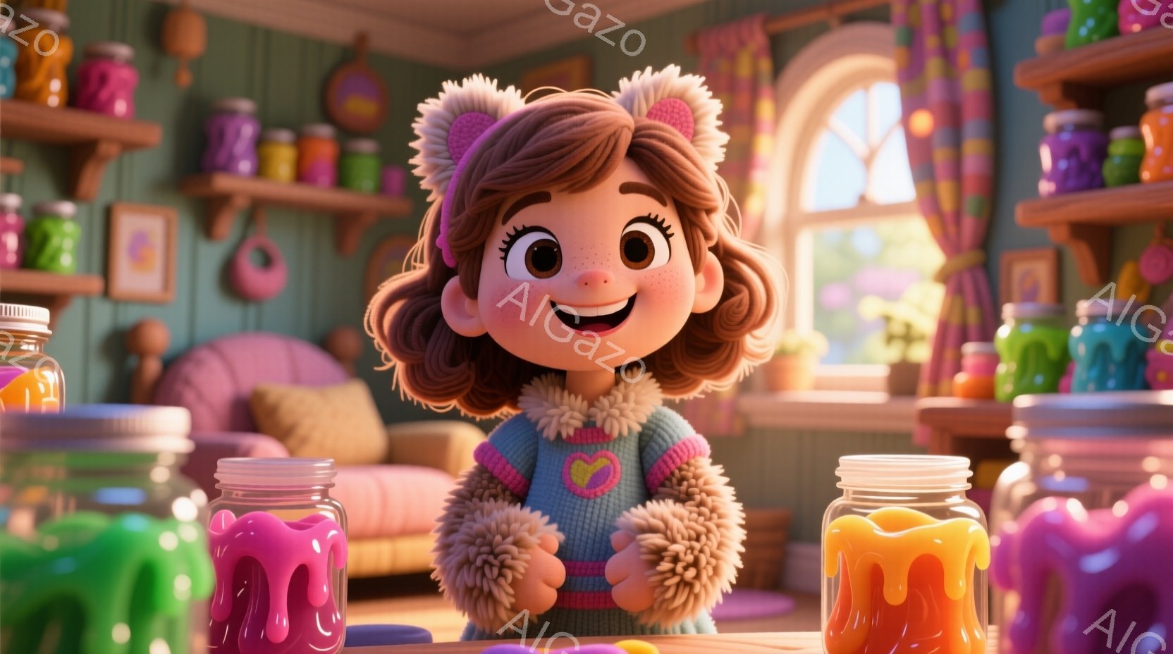 少女は巻き毛の茶髪で、頭にはふわふわの飾りをつけている。ピンク色のセーターにふわふわのクリーム色のボレロを羽織り、満面の笑顔を浮かべている。背景にはカラフルな瓶が並び、暖かく、遊び心のある雰囲気の部屋で、瓶の中には色とりどりのゼリーのようなものが詰まっている。