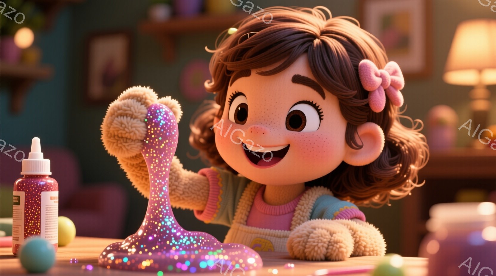 少女は、明るいピンク色のオーバーオールの上に薄い紫色の長袖シャツを着ており、ふわふわのクリーム色のカーディガンを着ています。彼女の茶色の巻き毛は、ピンク色のリボンで結ばれており、満面の笑みを浮かべ、キラキラした紫色のスライムを高く掲げています。背景には、暖かい光が差し込む部屋の家具が見え、遊び心のある楽しげな雰囲気を醸し出しています。