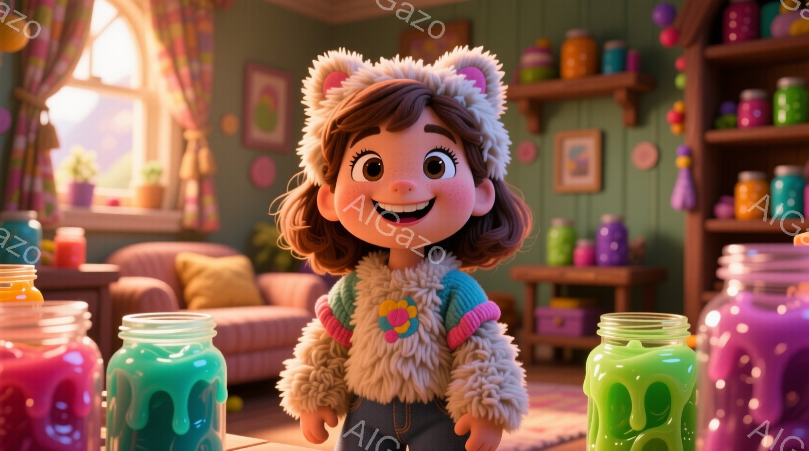 明るい笑顔を浮かべた若い女性が描かれています。彼女は、ふわふわの白いコート、色とりどりのニットセーター、そしてデニムのズボンを着用しています。背景には、さまざまな色の液体が入った瓶が並んだ棚と、暖色系の色のソファが置かれた居心地の良いリビングルームが見えます。