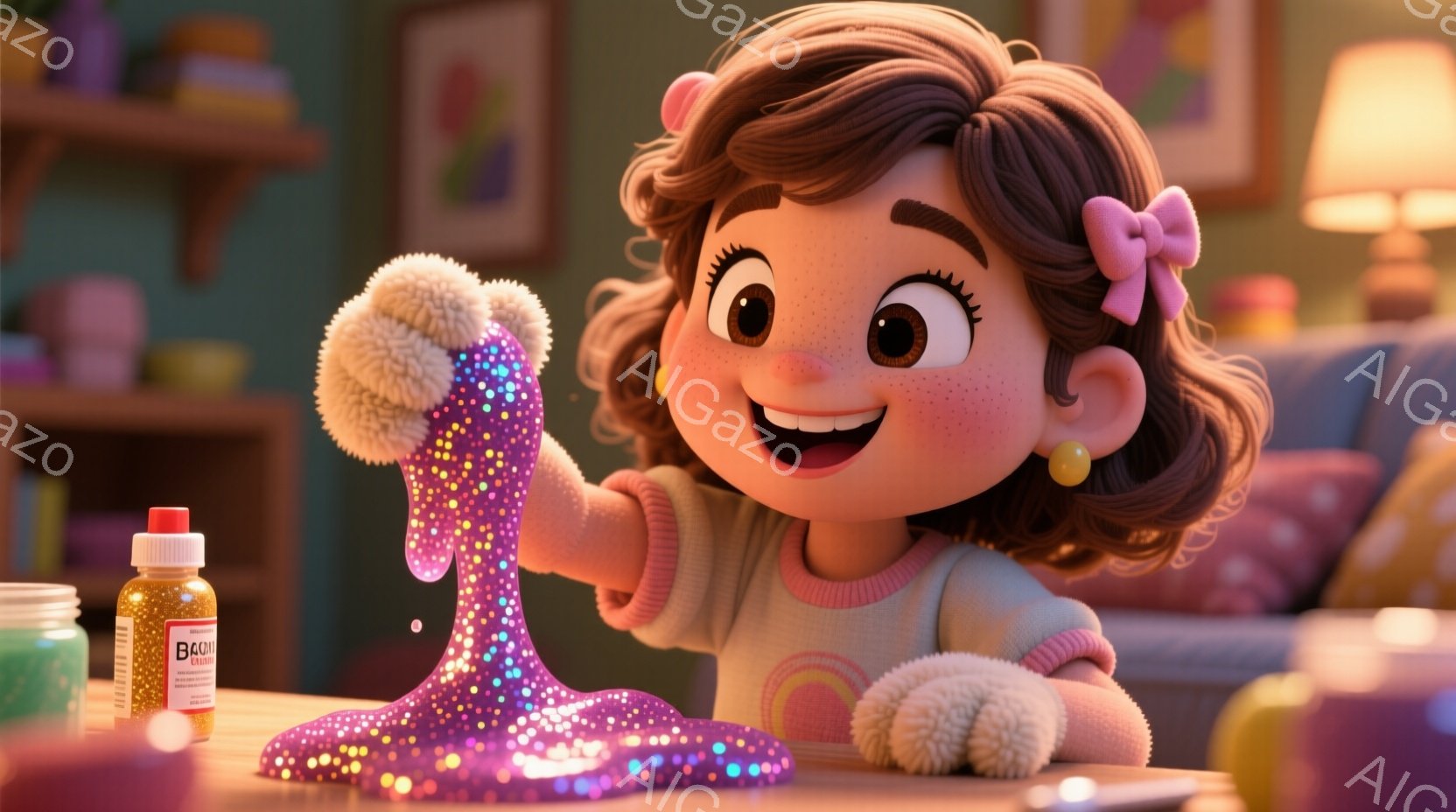 少女は紫色のキラキラしたスライムを両手で高く掲げ、満面の笑顔を浮かべている。茶色の巻き毛にピンクのリボンをつけており、ピンク色の縁取りのあるクリーム色のセーターを着ている。背景には、カラフルな絵画が飾られた壁と、紫色のソファが見え、室内は暖かく、遊び心のある雰囲気が漂っている。