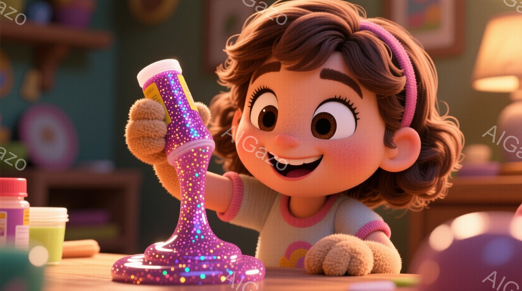 茶色の巻き毛にピンクのセーターを着た幼い女の子が、紫色のキラキラしたスライムを手に持っている様子を描いています。彼女は満面の笑みを浮かべ、スライムに夢中になっている様子が伺えます。背景には、おもちゃやカラフルな壁が見え、暖かく遊び心のある雰囲気です。