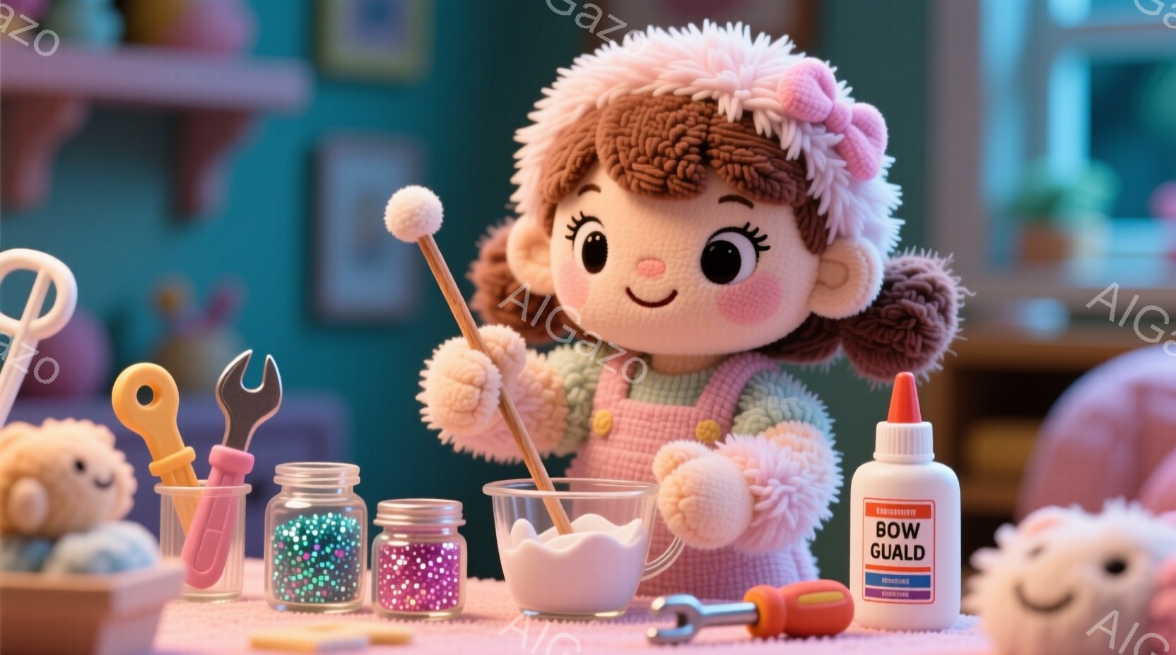 明るいピンク色の背景に、毛糸で作られたような女の子が立っています。彼女はパステルピンクのニット帽をかぶり、茶色の巻き毛の髪型で、大きな目と穏やかな笑顔をしています。彼女は左手に細い棒を持ち、右手に白い液体が入った瓶を掲げ、工作をしている最中のようです。