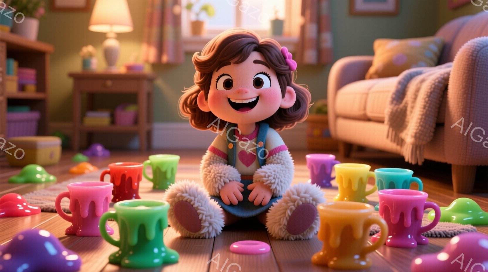 金髪で巻き毛の少女が、カラフルなスライムのようなおもちゃに囲まれて床に座っています。彼女はピンクのハートが飾られたセーターとふわふわのズボンを身につけ、幸せそうな笑顔を浮かべています。背景には木製の家 - AI生成フリー素材