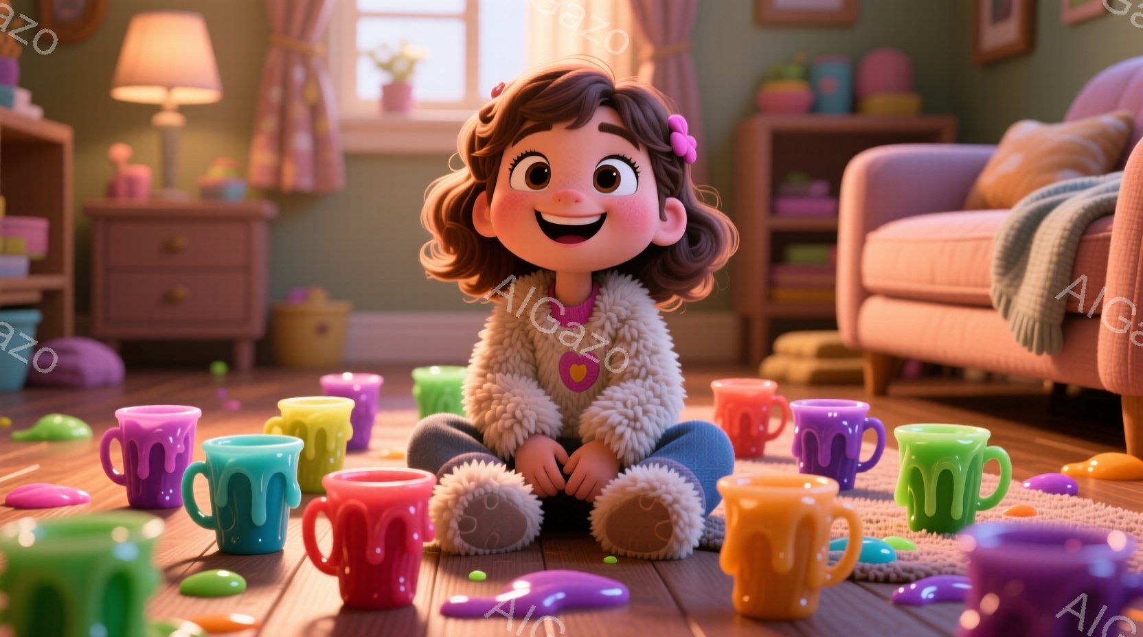 明るい色のフローリングの上に、少女が座って笑顔を見せています。彼女はふわふわの白いセーターを着ており、茶色の巻き毛の髪には小さなリボンが付いています。背景には、ピンクのソファや木製のキャビネットなど、温かみのあるリビングルームの様子が見え、さまざまな色の小さなカップが床に散らばっています。