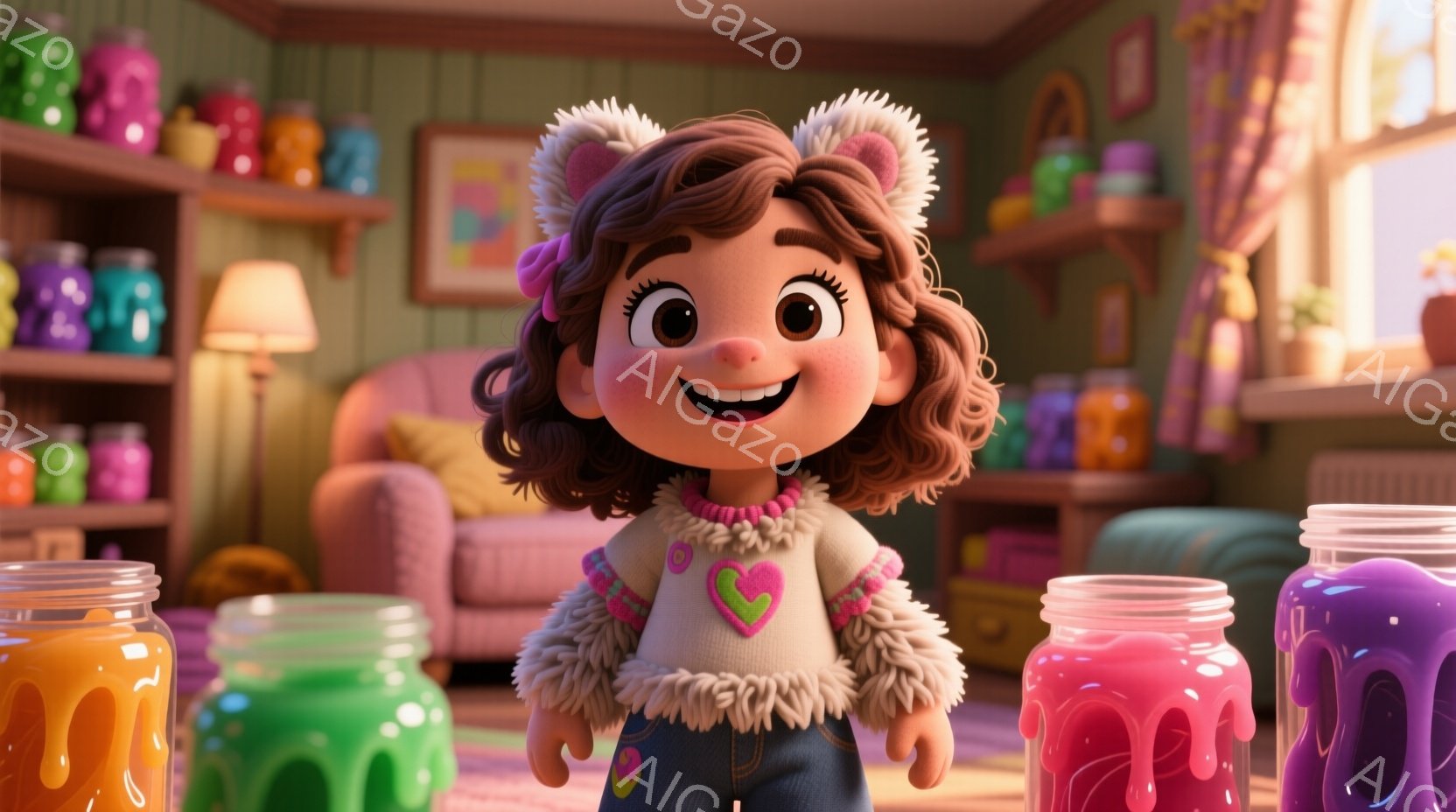 明るい茶色の巻き毛に、ピンクのリボンをつけた女の子が正面を見つめています。彼女はハートの模様が入ったセーターとフリル付きのベスト、そしてデニムのパンツを着用しており、笑顔で可愛らしい表情をしています。 - AI生成フリー素材