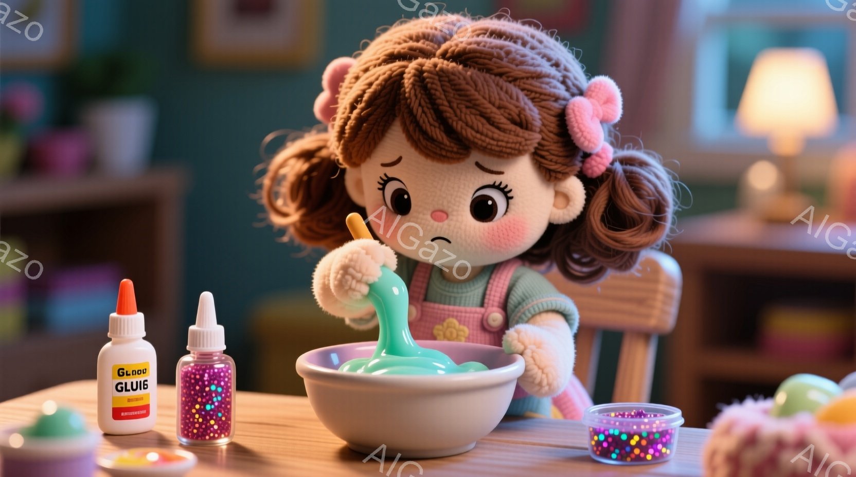 少女は明るい緑色のスライムを小さな容器から取り出そうとしており、少し困った表情をしています。彼女は赤茶色の巻き毛に、ピンク色のオーバーオールを着ており、背景にはカラフルなクラフト用品や家具が見えます。全体的に、遊び心があり、創造的な雰囲気が漂っています。