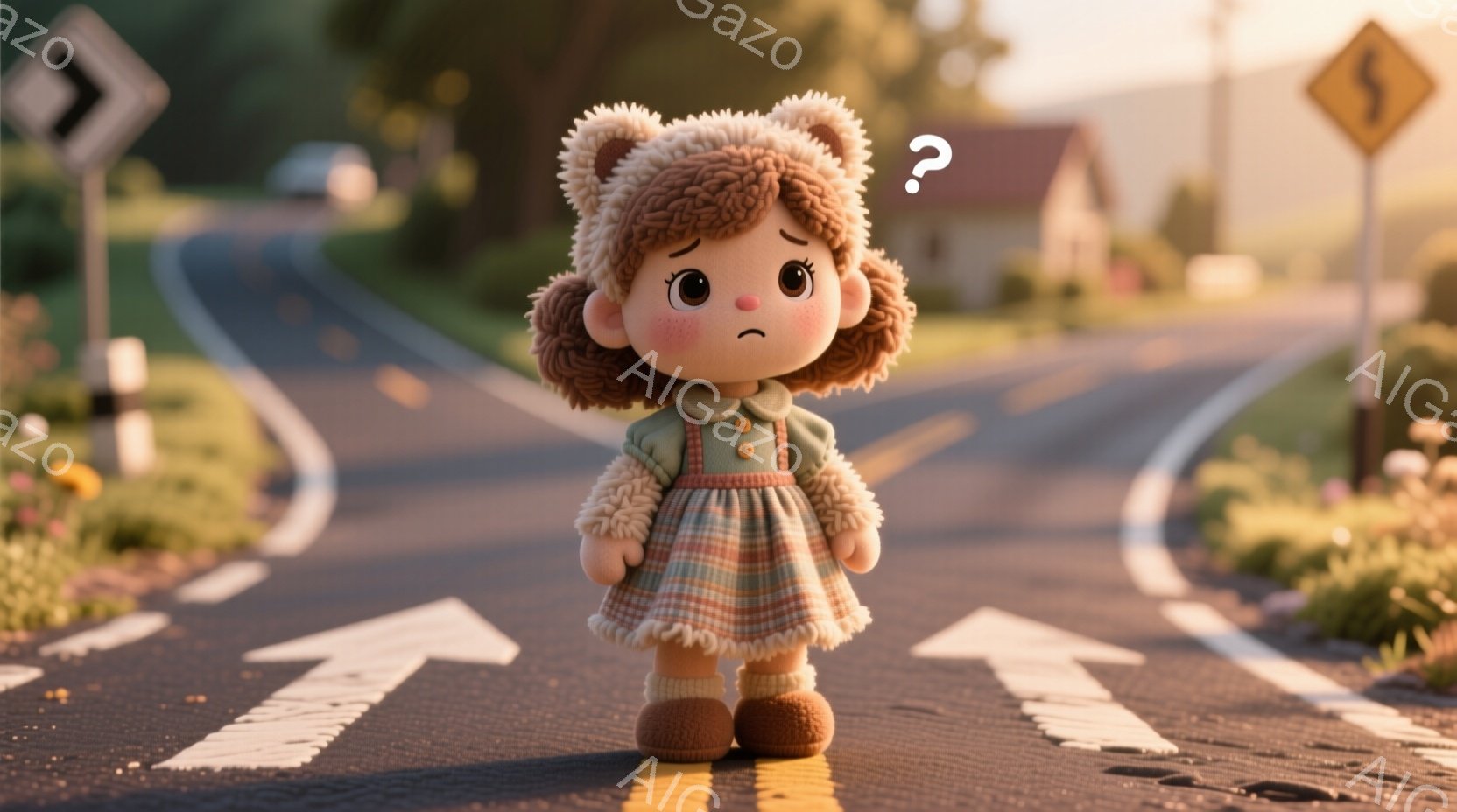 茶色の巻き毛に、ふわふわの帽子をかぶった少女が、チェック柄のワンピースと茶色のブーツを着て、道路の真ん中に立っています。少女は少し困ったような表情をしており、周りには緑豊かな自然と道路標識が見えます。全体的に、暖かく、少しノスタルジックな雰囲気です。