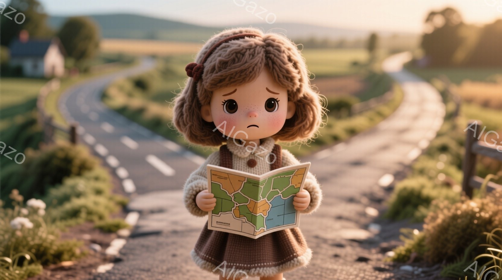 茶色の巻き毛の少女が、古びた地図を手に持っている。少女は茶色のニットセーターとスカートを着ており、やや困ったような表情をしている。背景には曲がりくねった道、緑豊かな風景、そして遠くに見える小さな建物があり、全体的にノスタルジックで穏やかな雰囲気が漂っている。