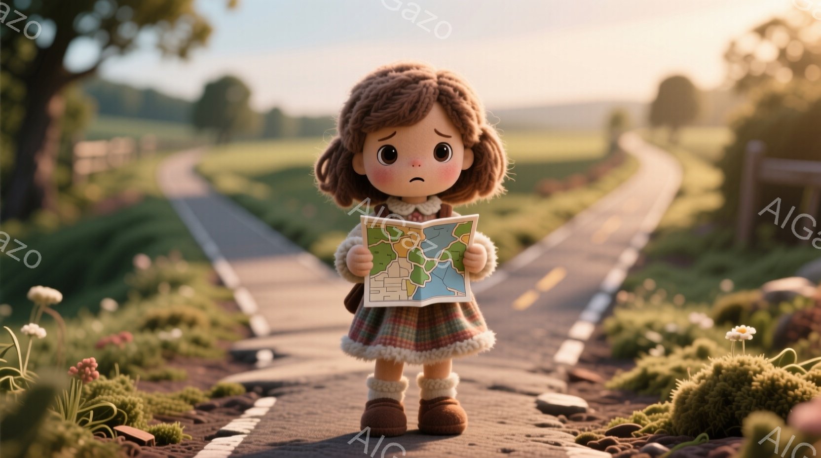 明るい緑色の草と花に囲まれた石畳の道に、茶色の巻き毛の少女が立っている。赤いチェック柄のワンピースに、クリーム色のフリルと茶色のブーツを履き、片手に地図を持っている。表情は困惑しており、道に迷っているか、何かを探している様子が伺える。