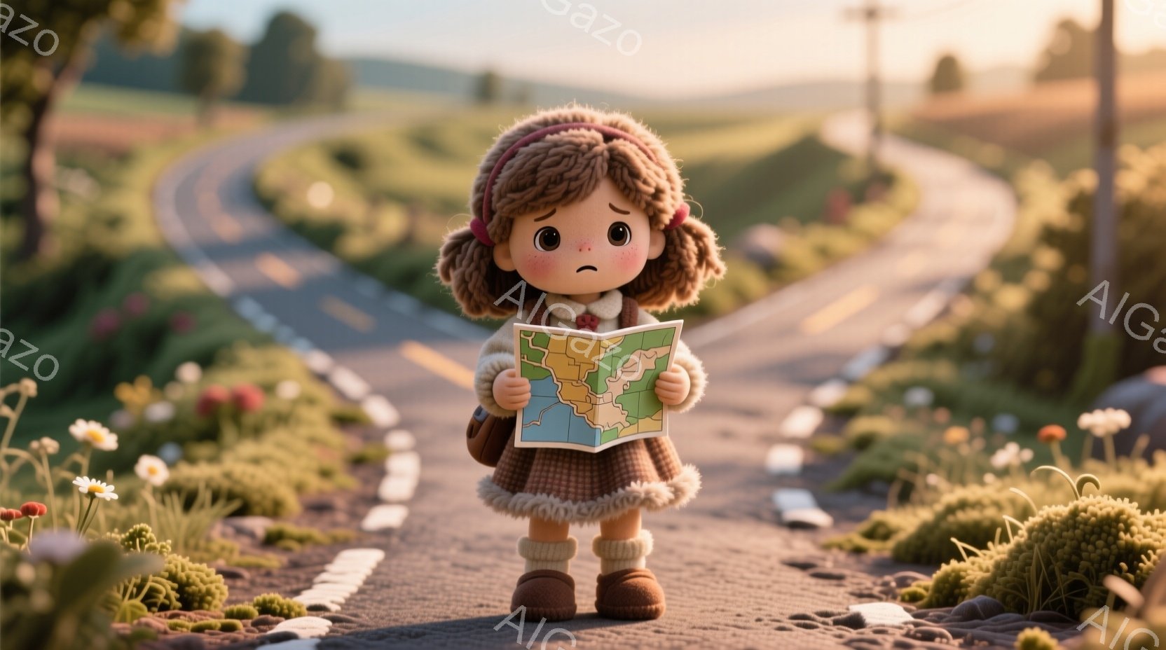 金髪で巻き毛の少女が、薄茶色のセーターとスカート、茶色のブーツを履いて、アスファルトの道に立っています。彼女は手に地図を持っており、少し困ったような表情をしています。背景には緑豊かな草むらと、遠くに見える丘陵地帯があり、穏やかで牧歌的な雰囲気です。