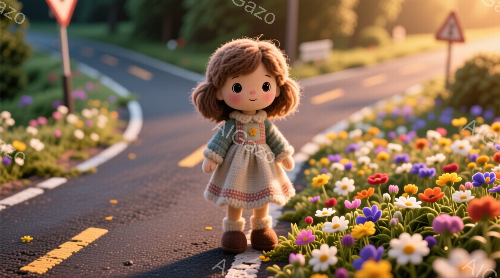 明るい日差しの下、花壇の横の道端に、人形のような女の子が立っている。彼女は、編み物のセーターとスカート、そして茶色のブーツを身につけ、巻き毛の髪型をしている。背景には緑豊かな植物と曲がりくねった道路が - AI生成フリー素材