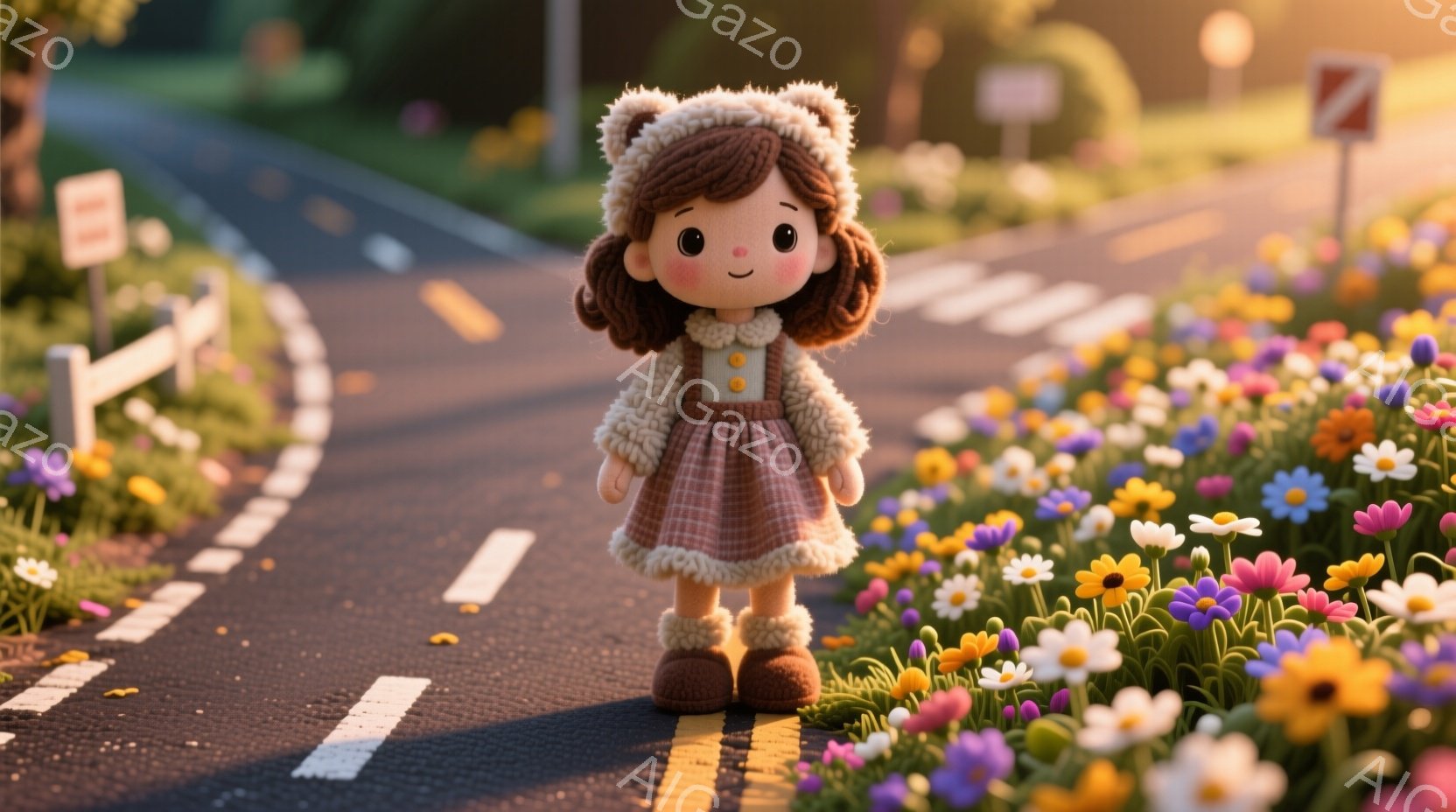 可愛らしい少女がアスファルトの道に立っている。少女は茶色の巻き毛に、ふわふわのクリーム色のセーターと、赤いスカート、茶色のブーツを身につけている。道の脇には色とりどりの花が咲き乱れ、背景には緑豊かな自 - AI生成フリー素材