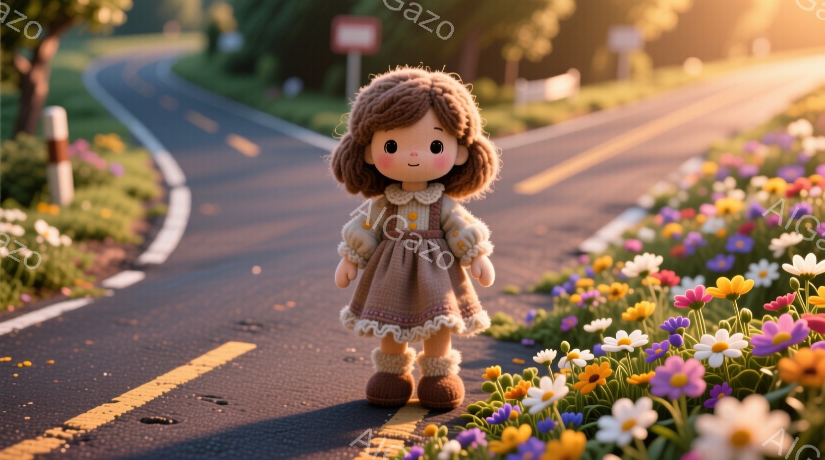 茶色い巻き毛の女の子がアスファルトの道に立っており、ベージュ色のワンピースとブーツを履いています。彼女は穏やかな表情で、少し微笑んでいるように見えます。背景には、色とりどりの花が咲き乱れ、緑豊かな風景 - AI生成フリー素材