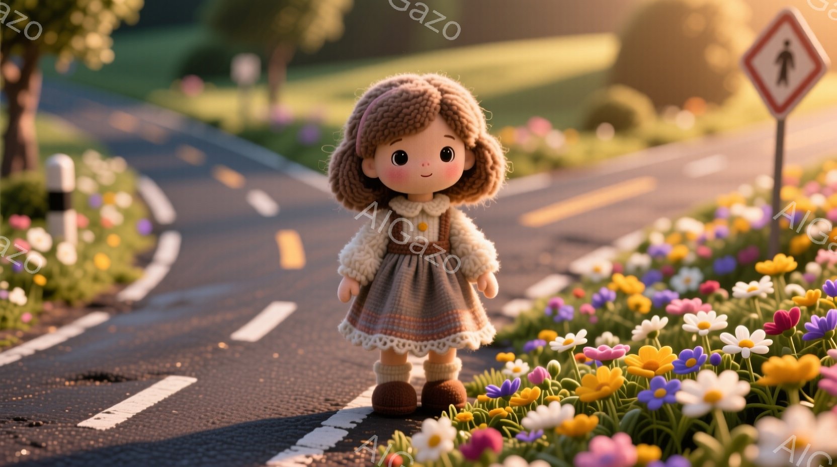 明るい日差しの下、茶色の巻き毛の少女がアスファルトの道端に立っています。彼女はフリル付きのセーターと、レース飾りとリボンが施された茶色のワンピース、そして茶色のブーツを履いています。道の脇には色とりどりの花が咲き乱れ、背後には緑豊かな自然が広がっており、温かく穏やかな雰囲気を醸し出しています。