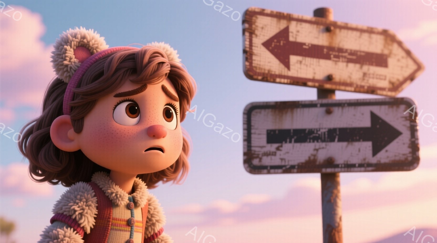 茶色の巻き毛にピンク色のヘッドバンドを付けた少女が、不安そうな表情でこちらを見ています。彼女は白い毛皮の襟付きジャケットとチェック柄のシャツを着ており、少し困ったようなポーズをしています。背景には、左右を指す古びた標識と、夕焼けに染まった穏やかな風景が広がっています。